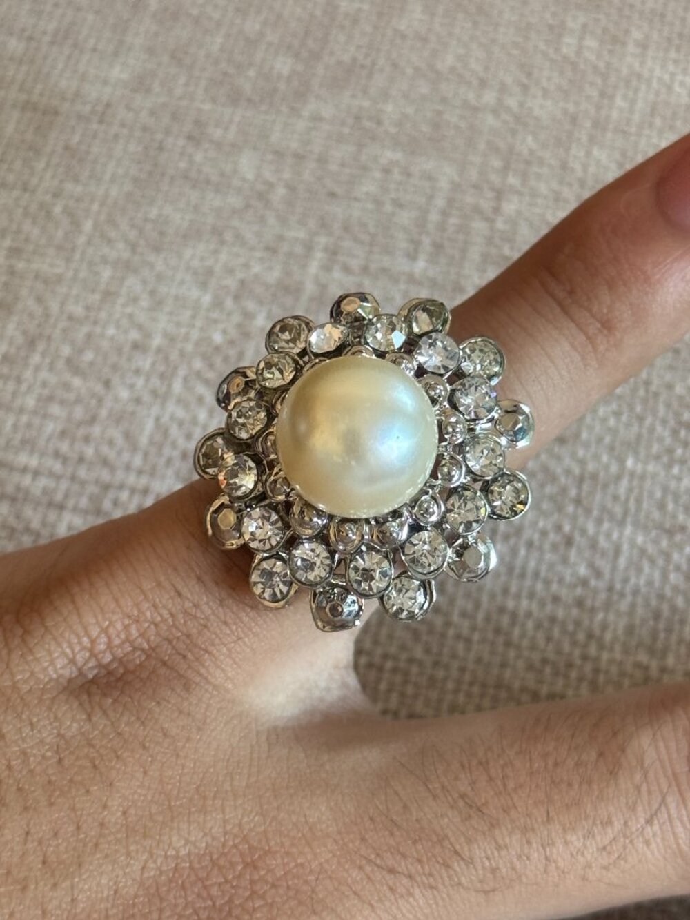 Statement Faux Pearl Crystal Halo Cocktail Ring